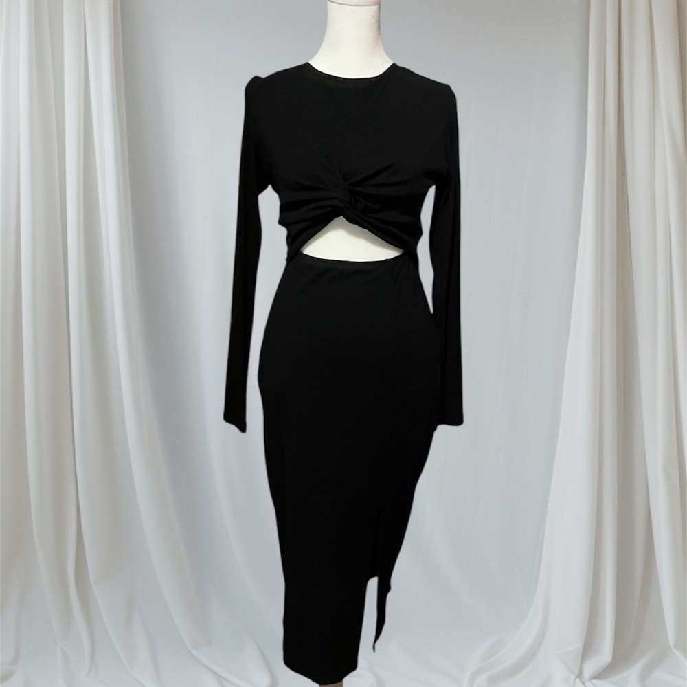 Elegant Black Midi Slit Cut-Out Dress